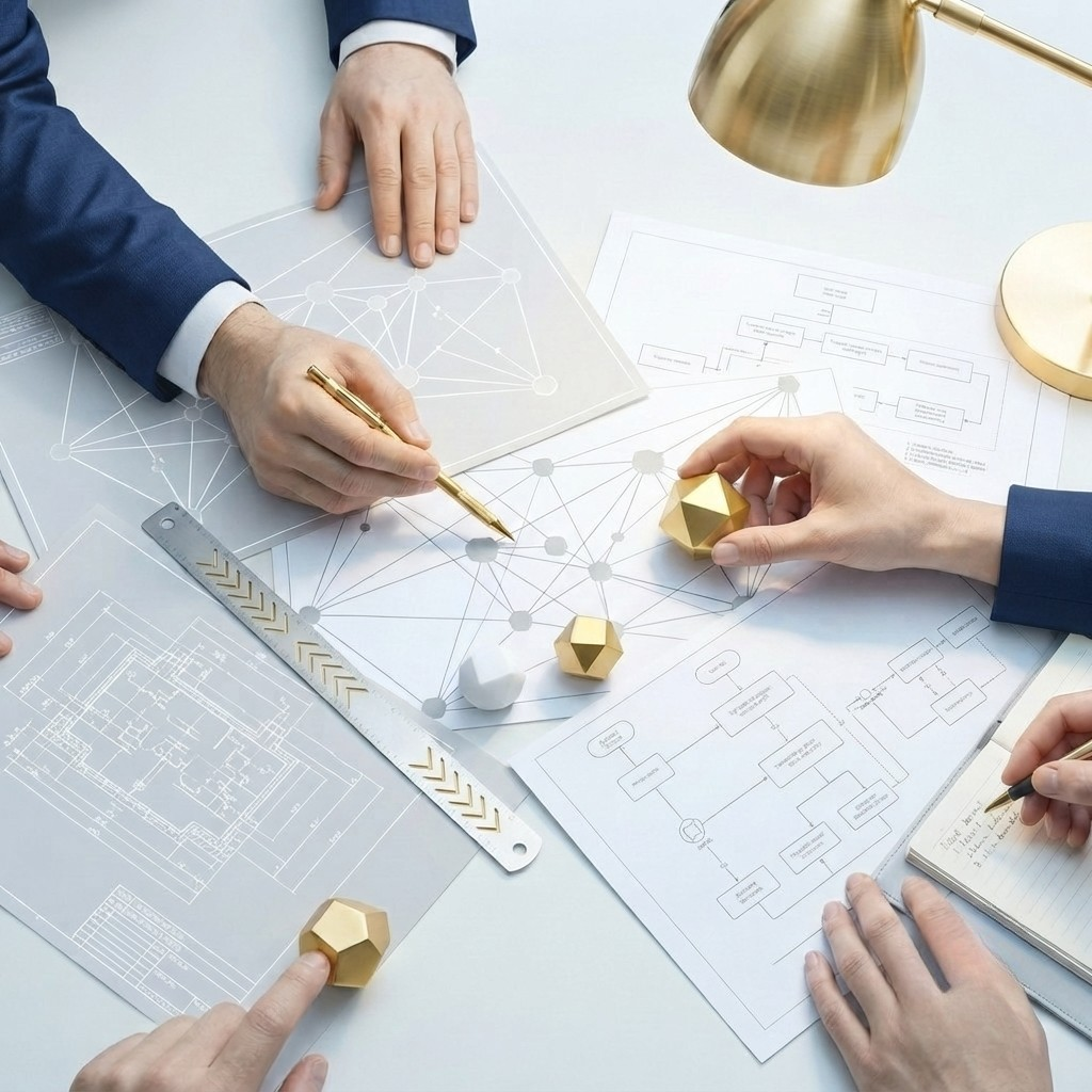 Equipo de trabajo colaborando en el diseño de cadenas de suministro sobre planos técnicos