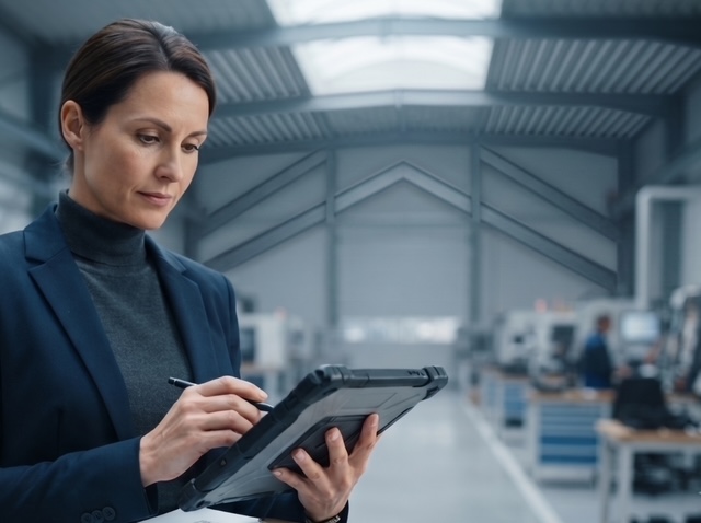Auditora revisando documentación de proveedor con tablet en planta industrial
