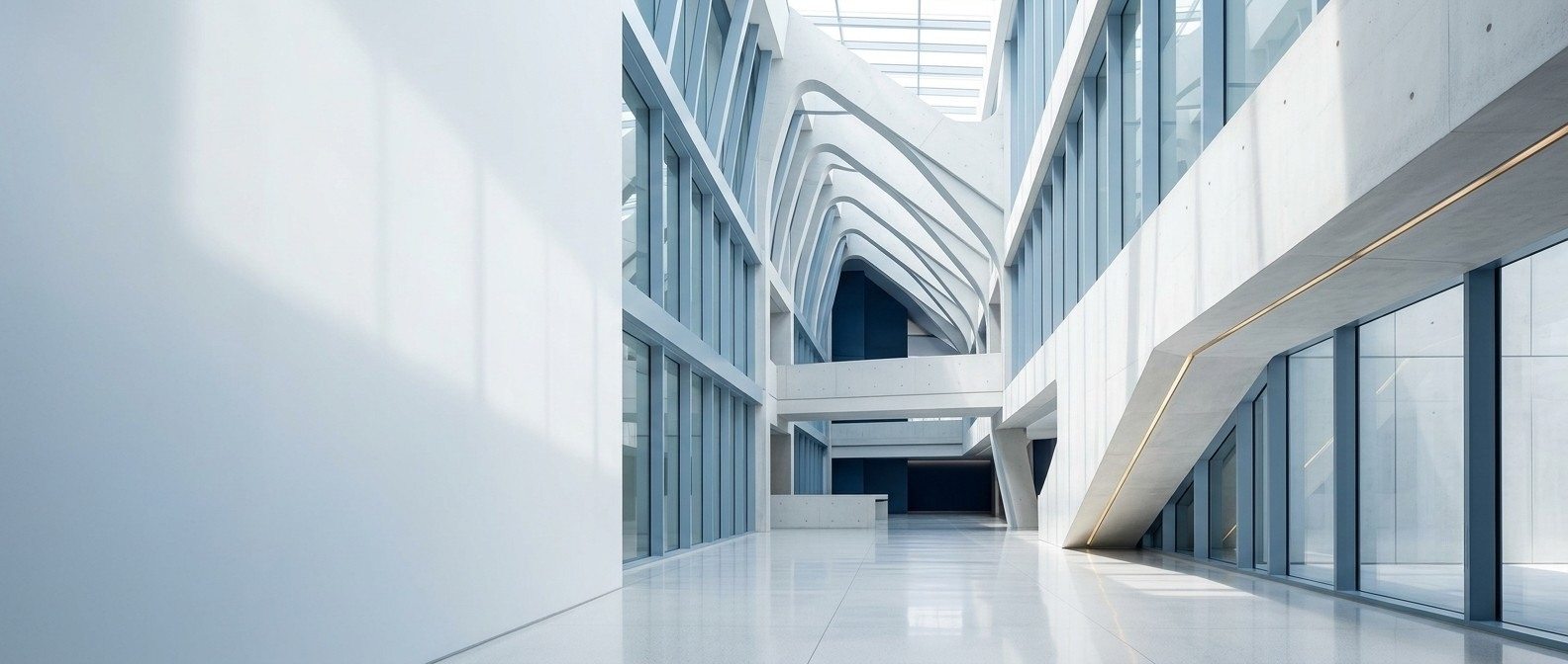 Atrio arquitectónico contemporáneo en tonos blancos y azules con luz natural